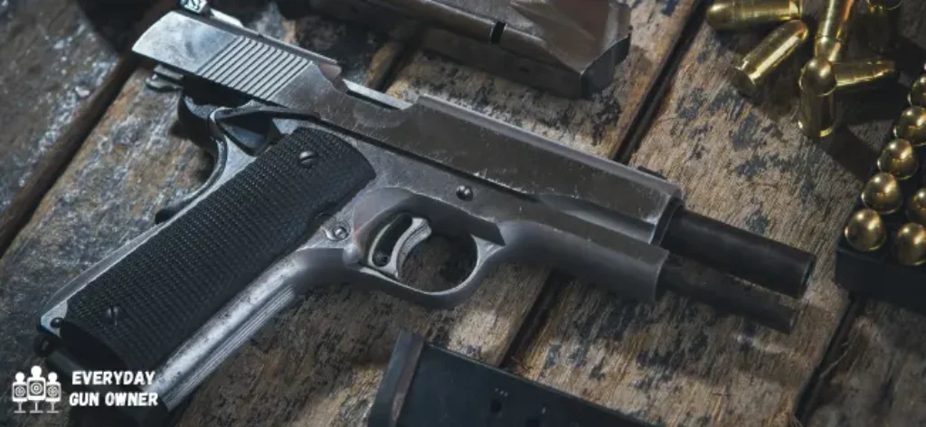 Semi automatic handgun with slide locked to the rear