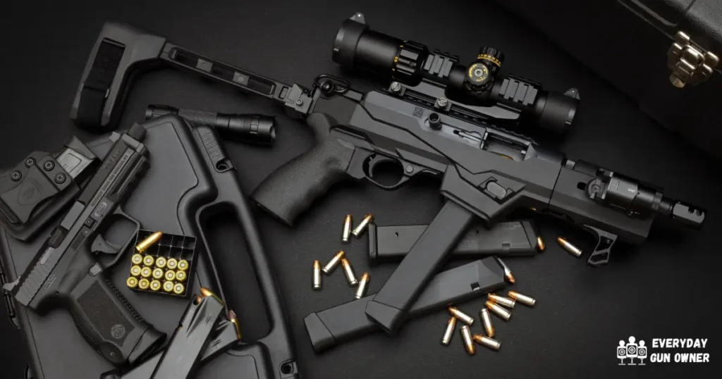 Carbine with ammunition and handgun