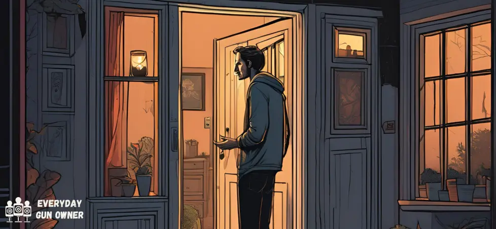 drawn image of a man in a doorway at night