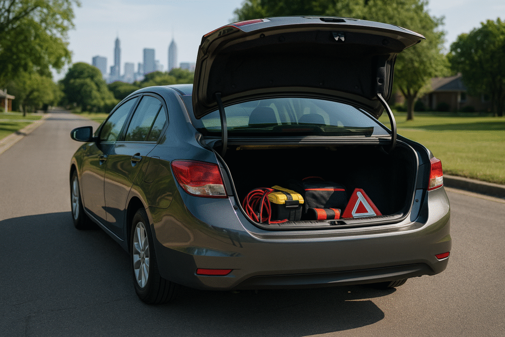 car with trunk open. Edc gear is inside the trunk