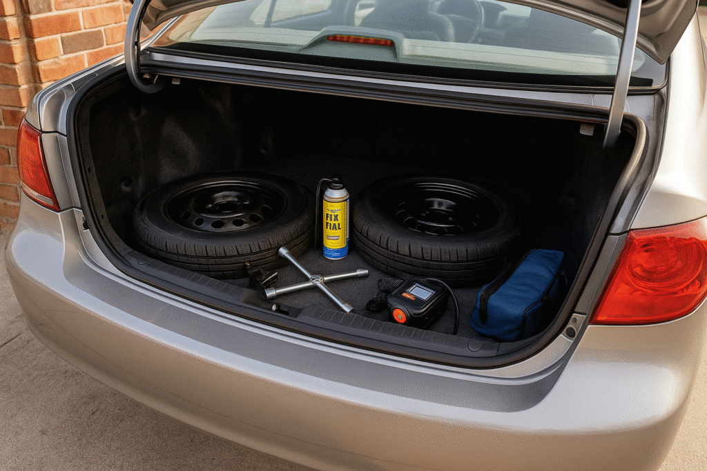 items to fix a flat tire inside of a car trunk