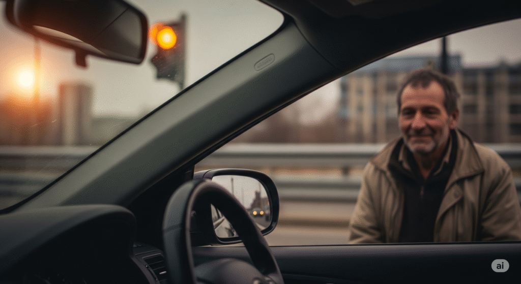 homeless man outside a car window