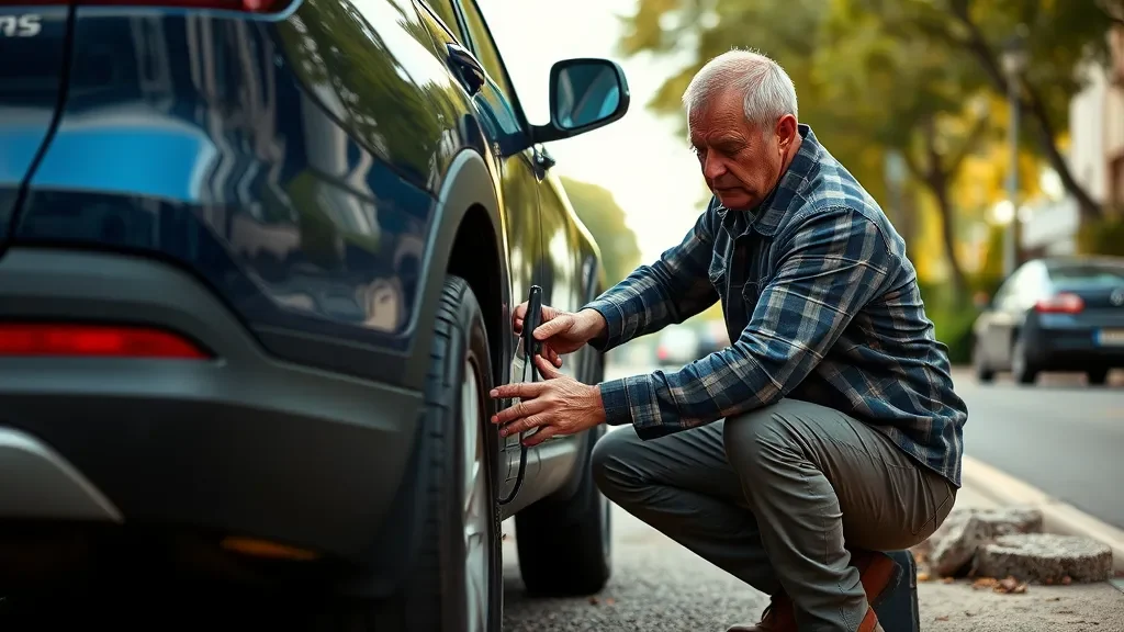 older man changing a car tire in a neighborhood
