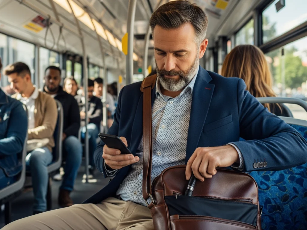 Man sitting on public bus wit a phone and flashlight