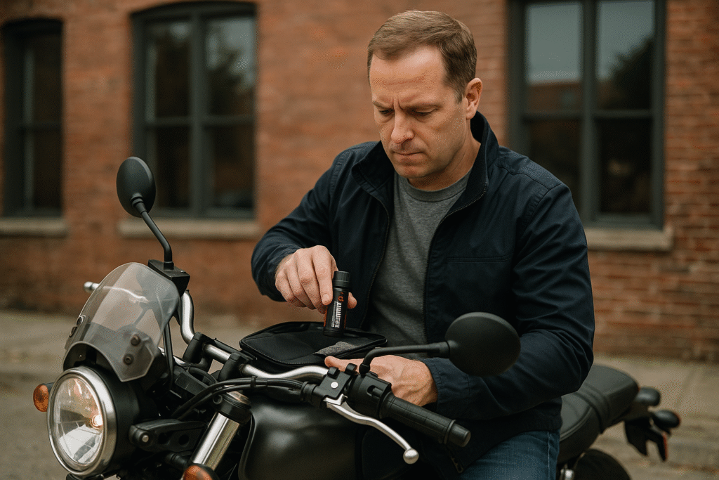 man on a motorcycle securing his pepper spray