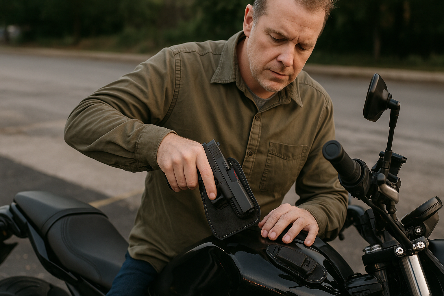 man on a motorcycle securing his gun