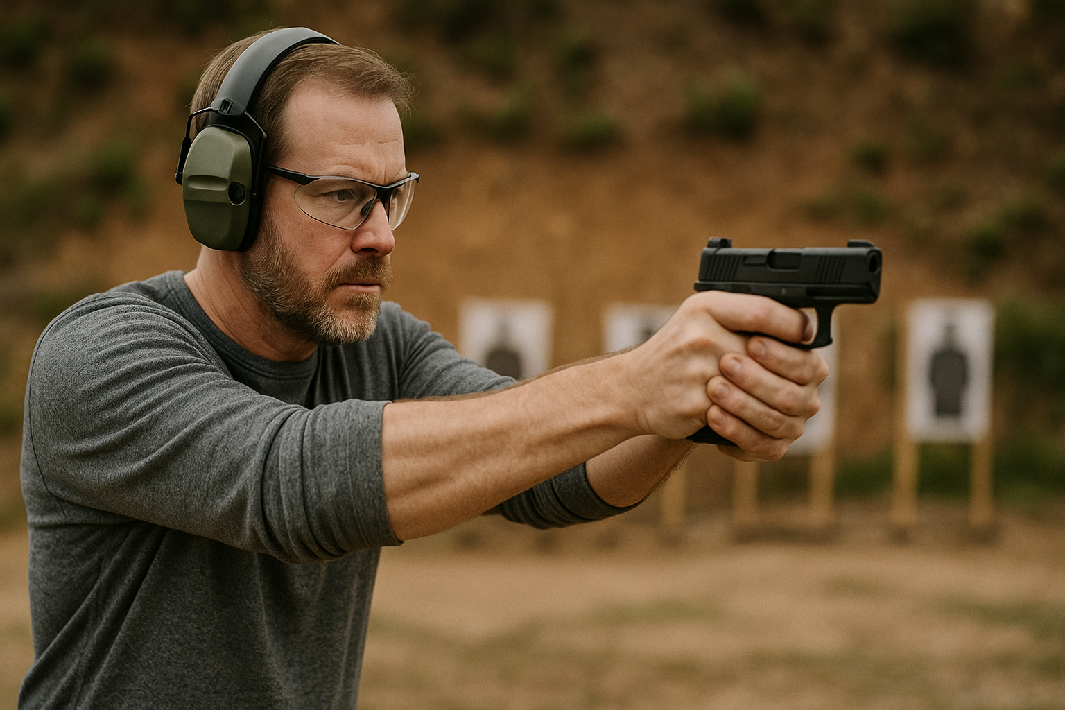 man with a beard at an outdoor gun range