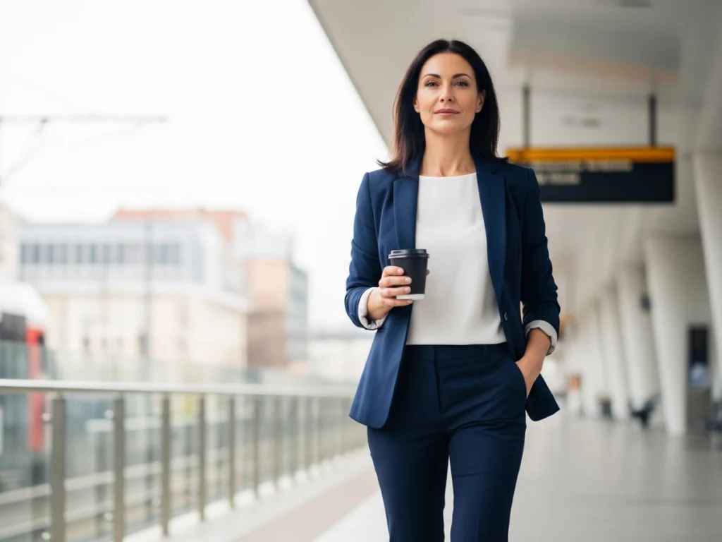 Woman in blue business suit holding coffee at train station