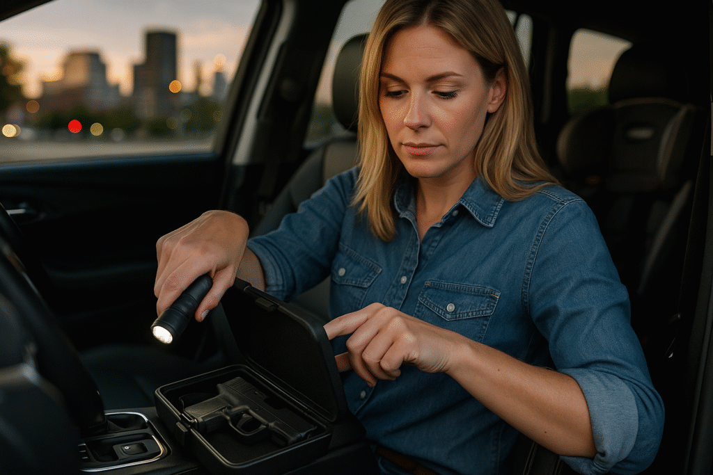 woman in her car making sure her EDC kit is good to go