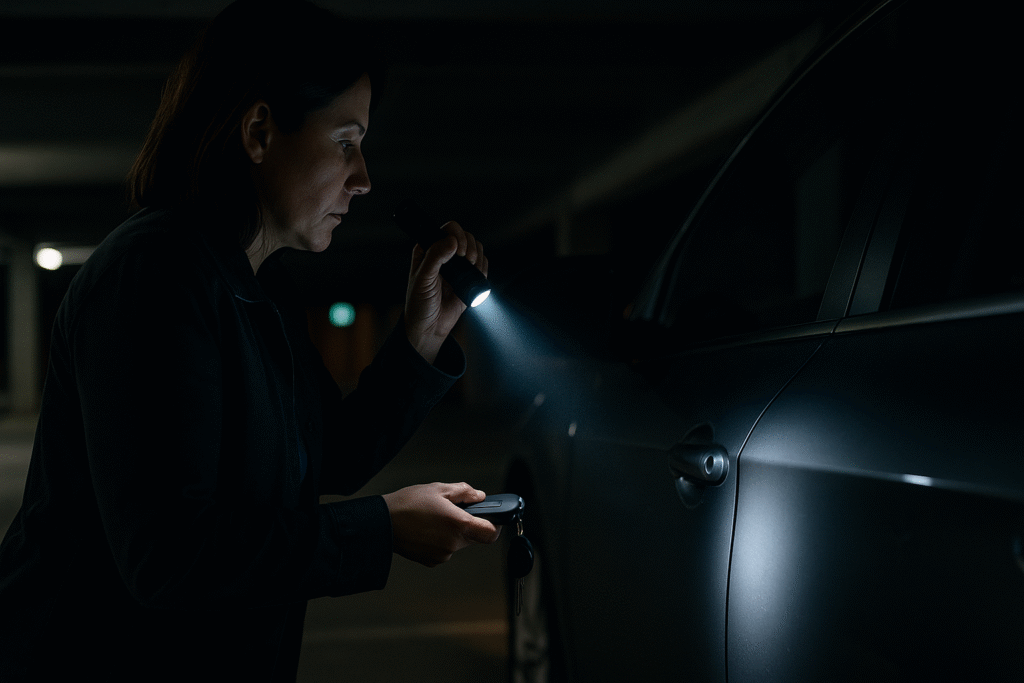 woman in dark garage using a flashlight to open her car door