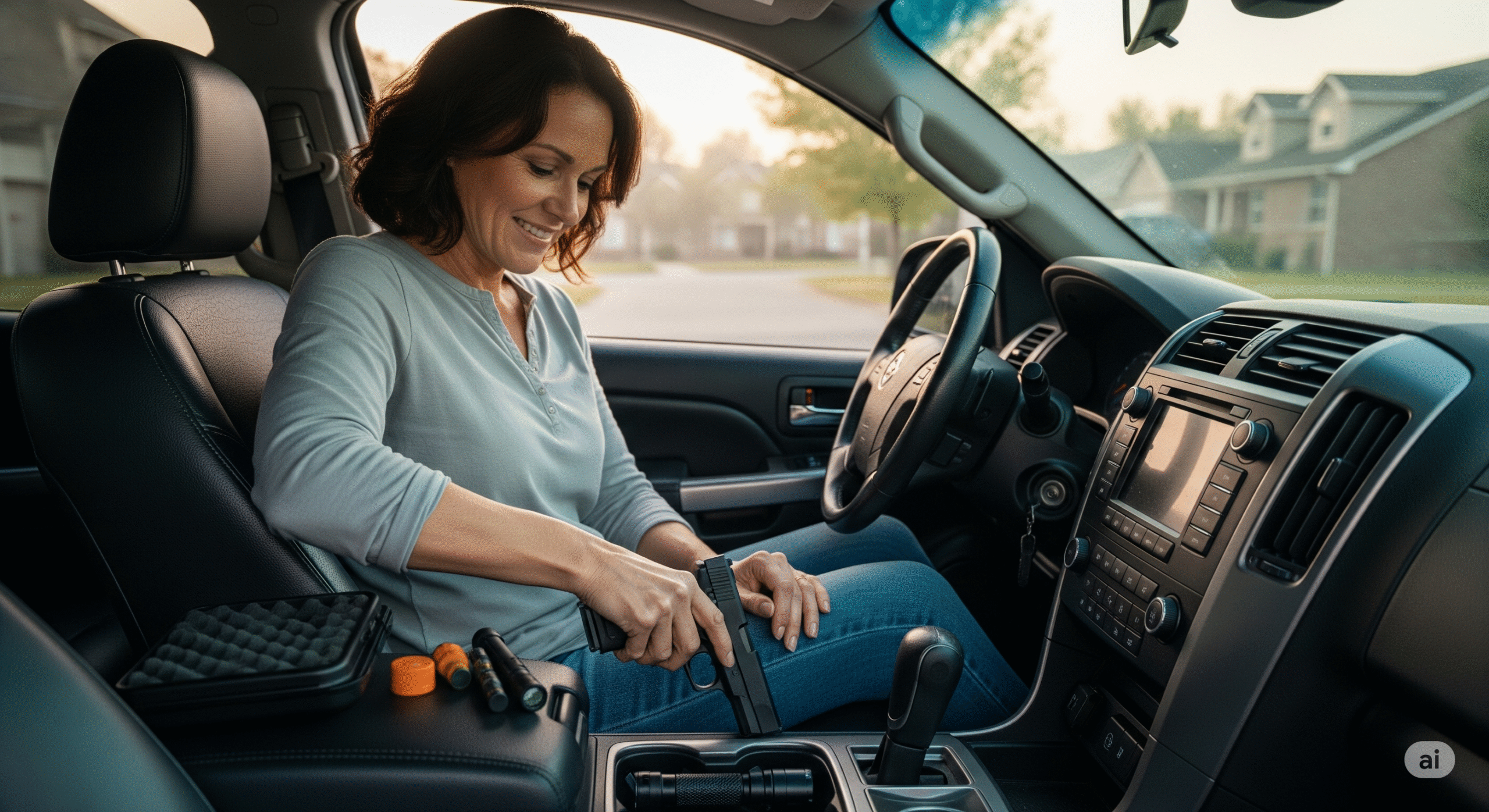 mother securing her gun inside of her car in the morning