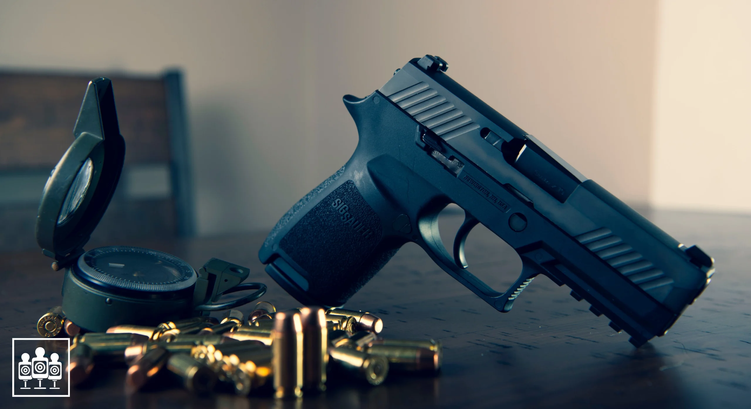 sig sauer on table with compass and bullets