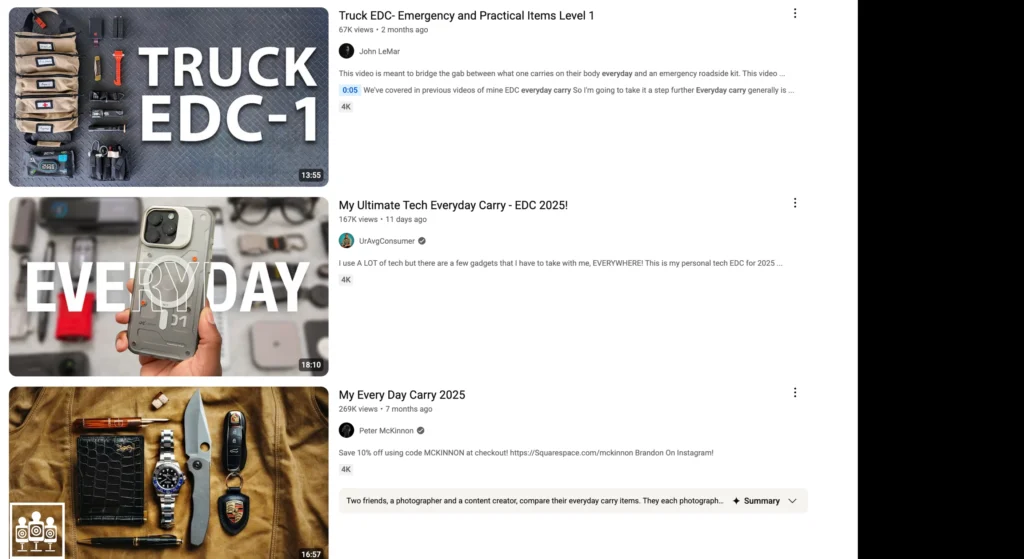 screenshot of youtube edc gear dumps