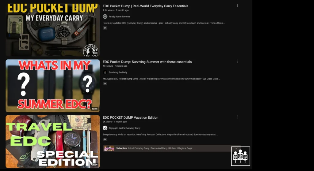 screenshot of long form youtube videos about everyday carry